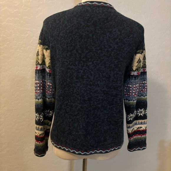 Vintage Tiara Blue Holiday Christmas Patchwork Pom Pom Tassel Cardigan Sweater - Picture 5 of 11